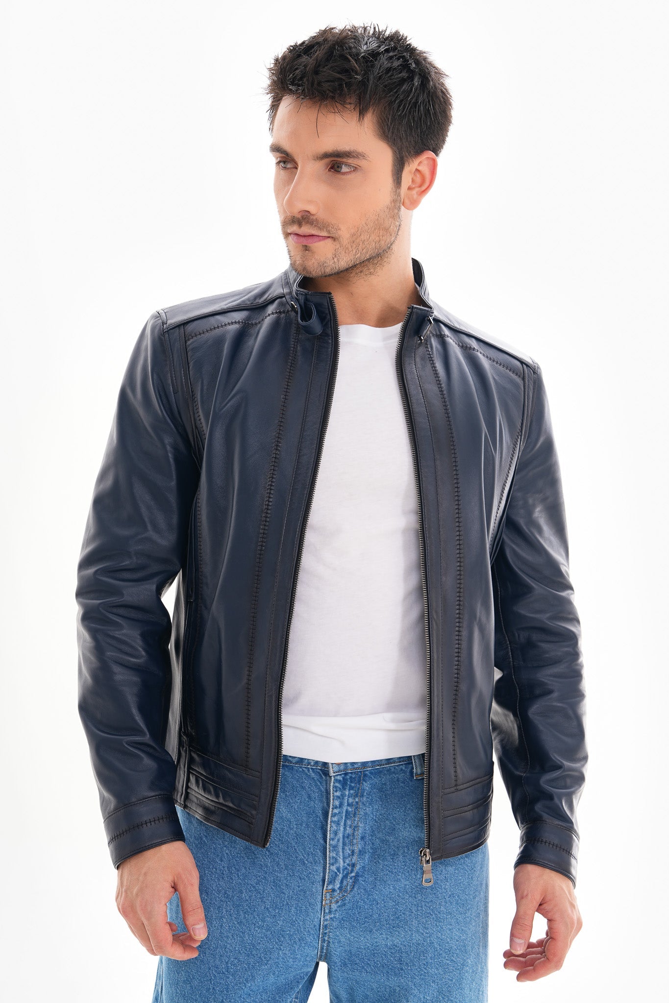 The Arezzo Navy Blue Leather Jacket For Sale