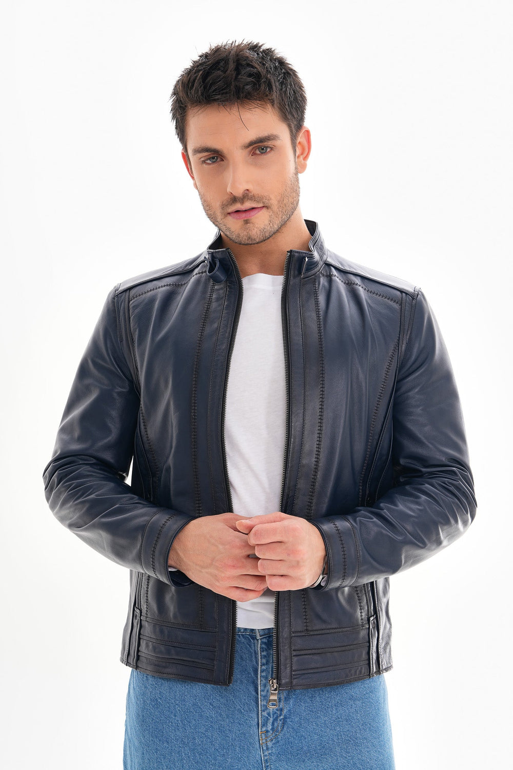 The Arezzo Navy Blue Leather Jacket For Sale