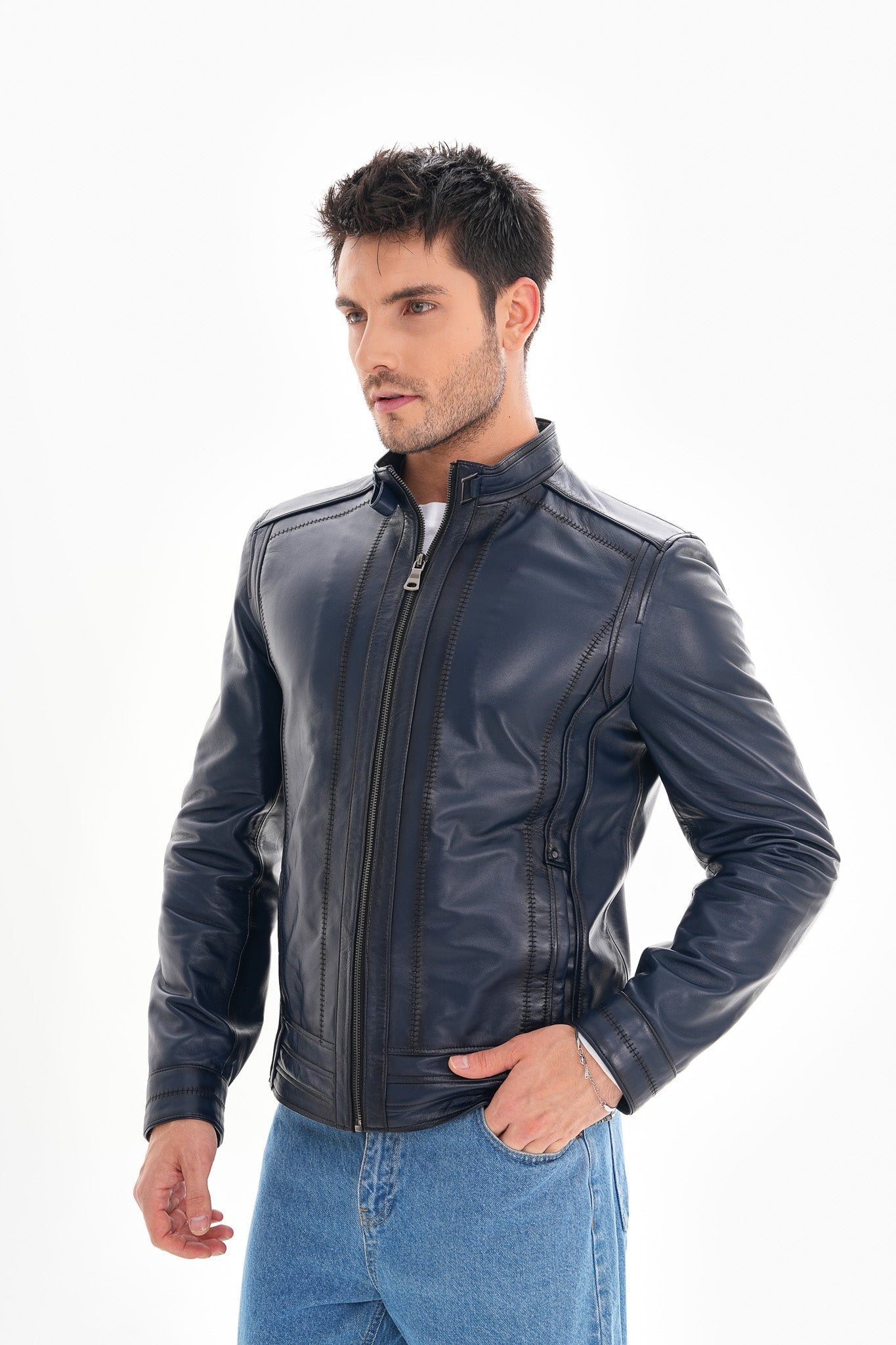 The Arezzo Navy Blue Leather Jacket For Sale