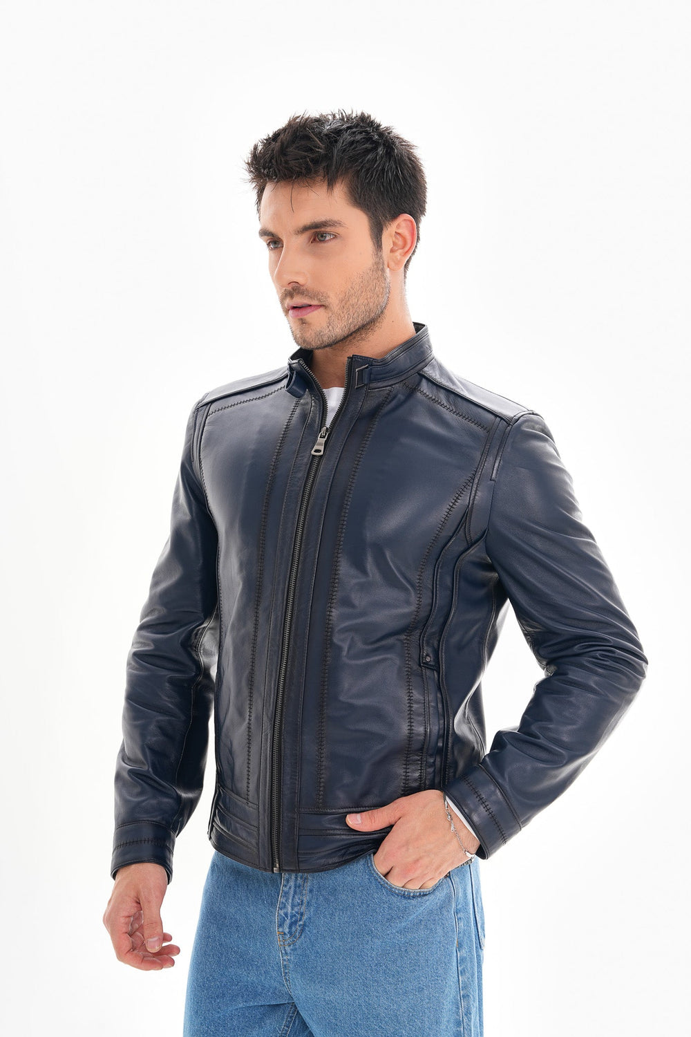 The Arezzo Navy Blue Leather Jacket For Sale