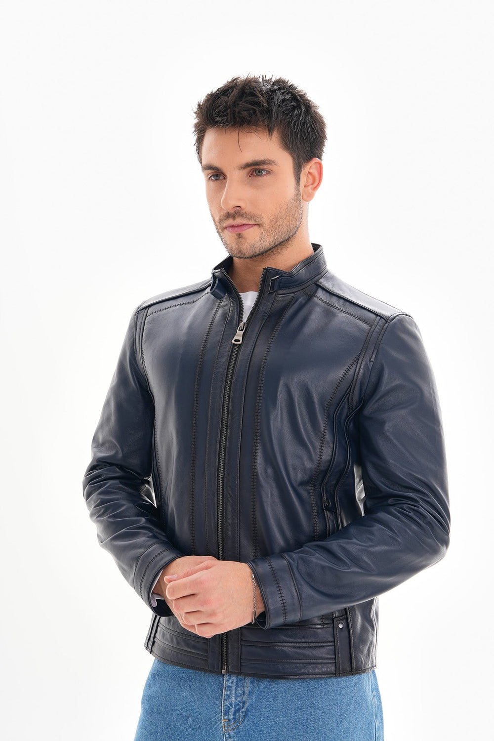The Arezzo Navy Blue Leather Jacket For Sale