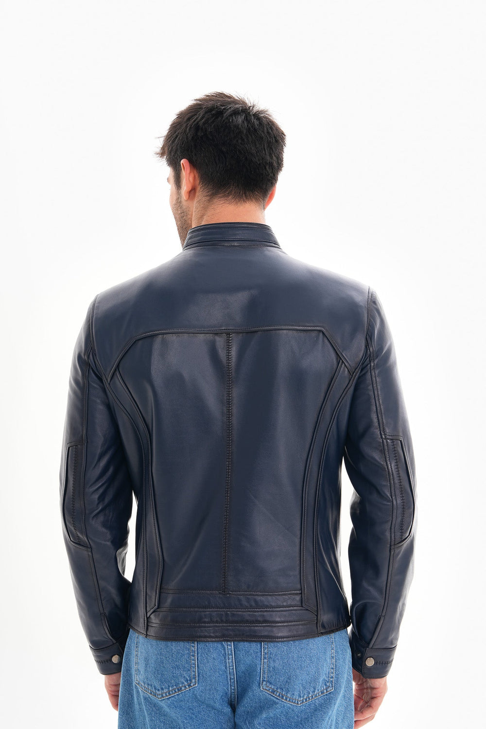 The Arezzo Navy Blue Leather Jacket For Sale
