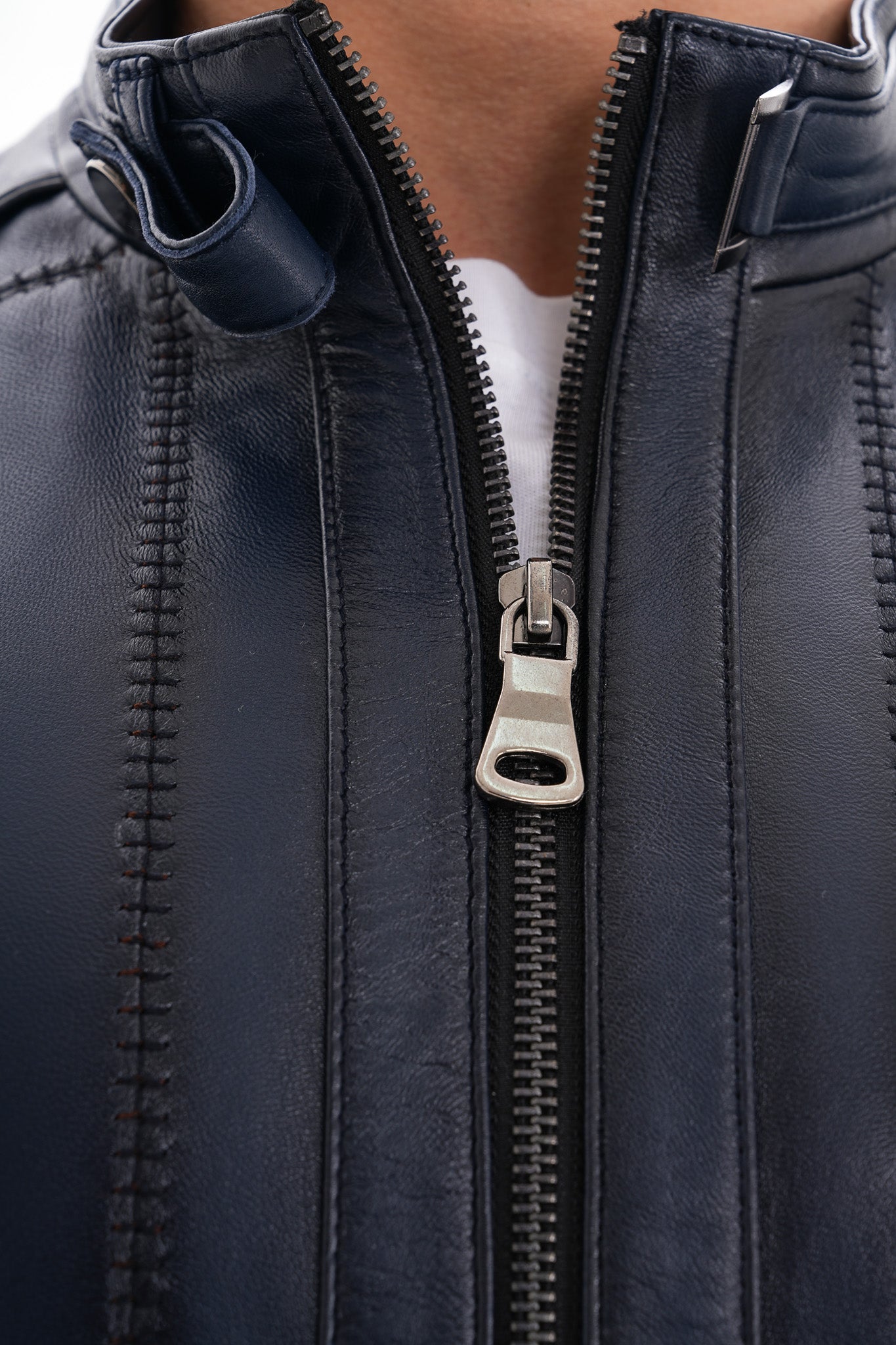 The Arezzo Navy Blue Leather Jacket For Sale
