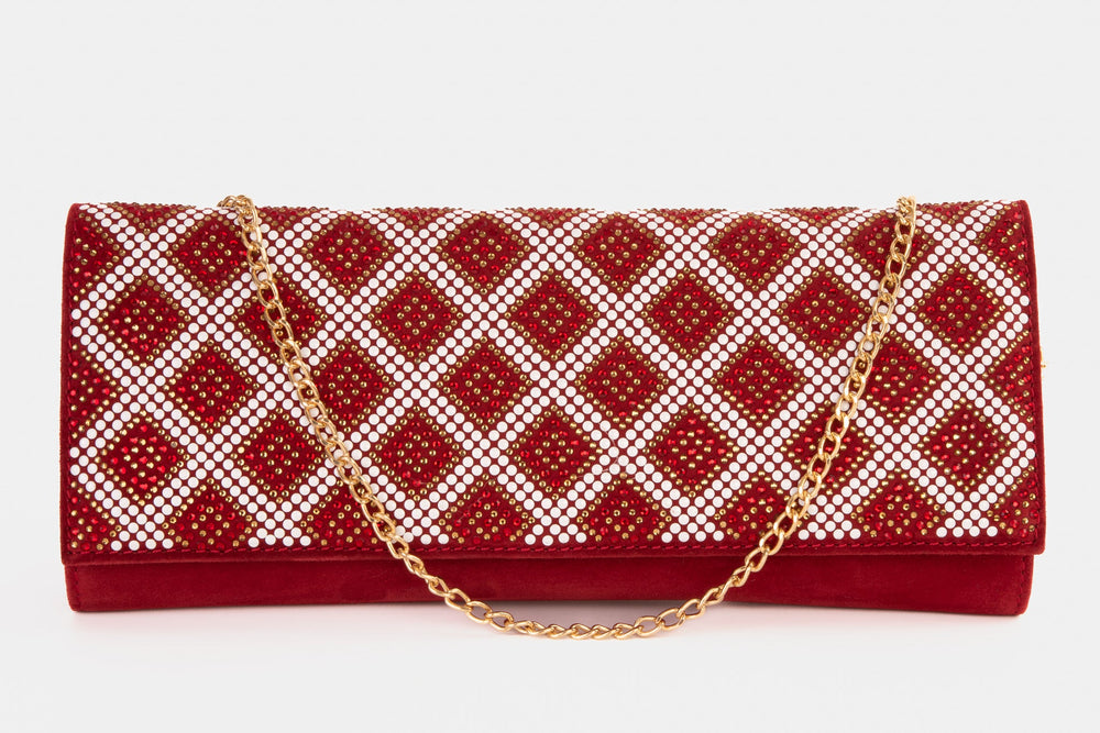 The Nampula Red Glitter Suede Leather Clutch On Sale