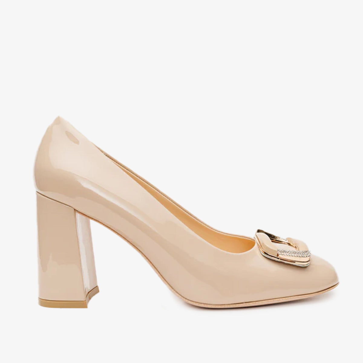 The Ferrara Cream Patent Leather Block Heel Pump Shoe All New