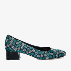 The Doha Turqoise Glitter Leather Block Pump Shoe On Sale