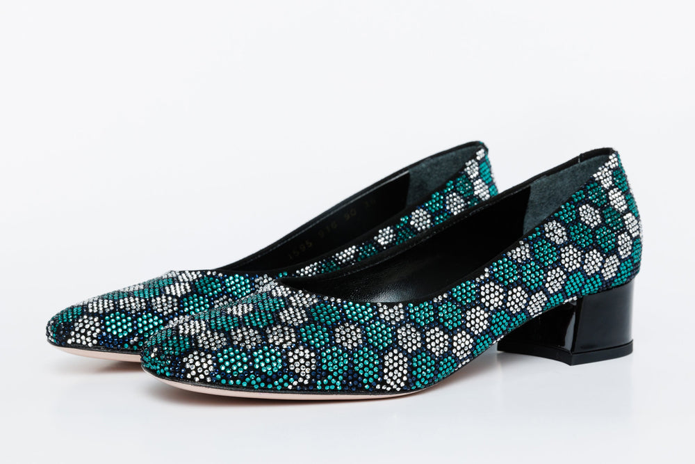 The Doha Turqoise Glitter Leather Block Pump Shoe On Sale