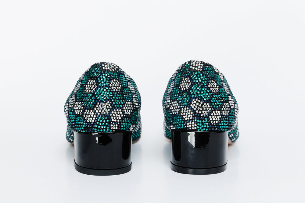 The Doha Turqoise Glitter Leather Block Pump Shoe On Sale