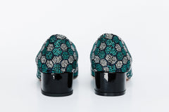 The Doha Turqoise Glitter Leather Block Pump Shoe On Sale
