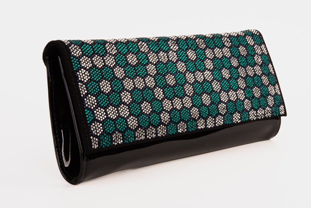 The Doha Black Leather Glitter Clutch For Sale