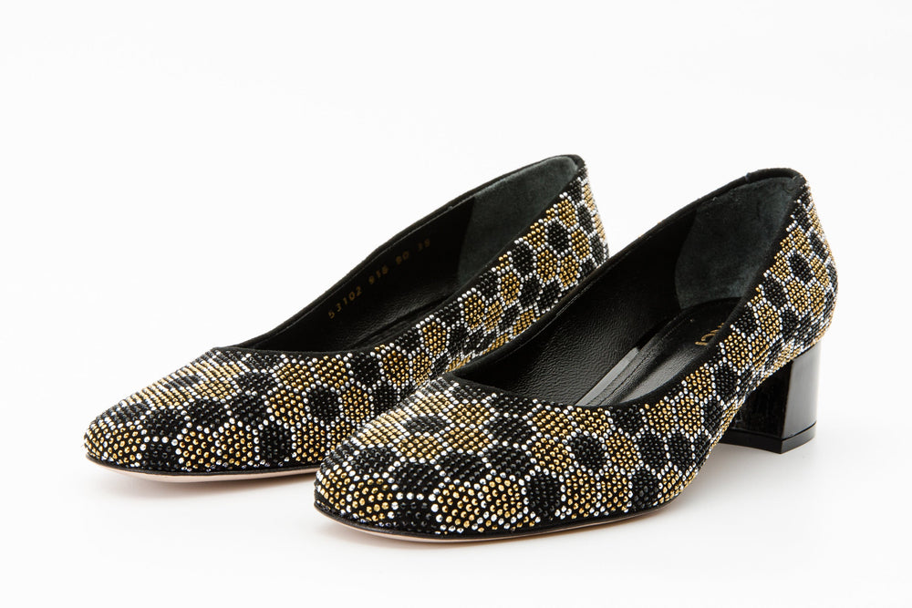 The Doha Gold Black Glitter Leather Block Pump Shoe Universal Fit