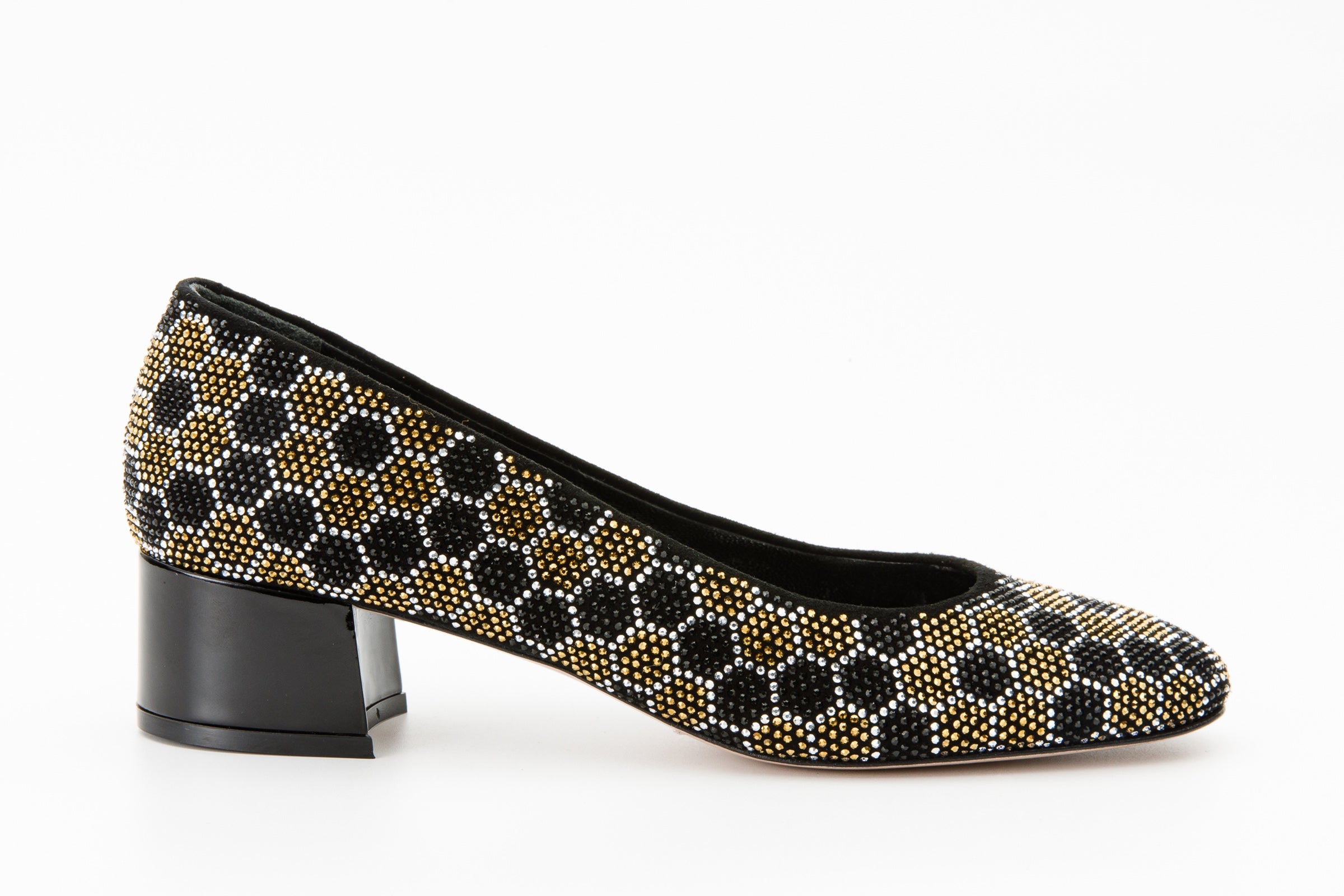 The Doha Gold Black Glitter Leather Block Pump Shoe Universal Fit