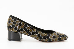 The Doha Gold Black Glitter Leather Block Pump Shoe Universal Fit