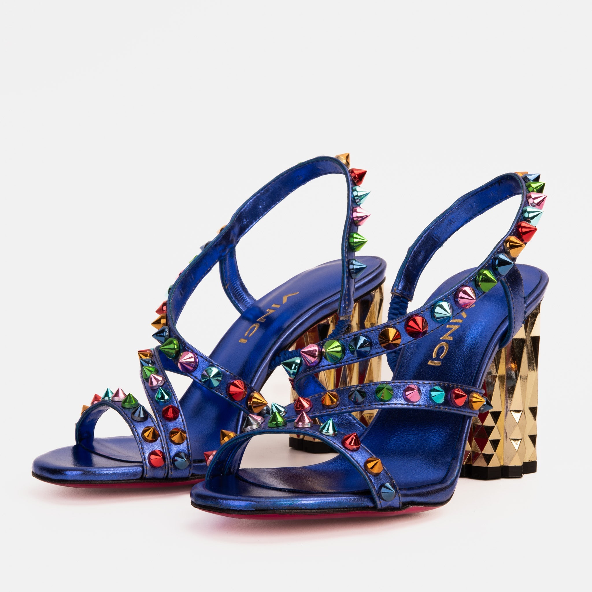 The Caris Sax Blue Block Heel Spike Leather Sandal Final Sale! On Sale