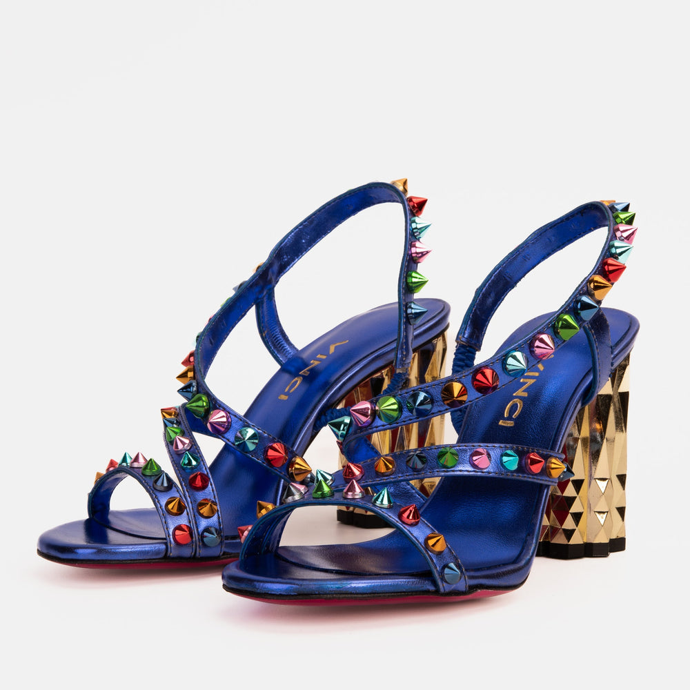 The Caris Sax Blue Block Heel Spike Leather Sandal Final Sale! On Sale