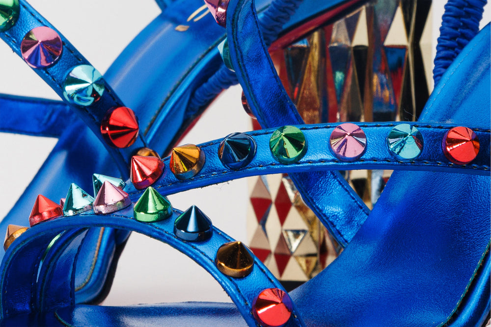 The Caris Sax Blue Block Heel Spike Leather Sandal Final Sale! On Sale