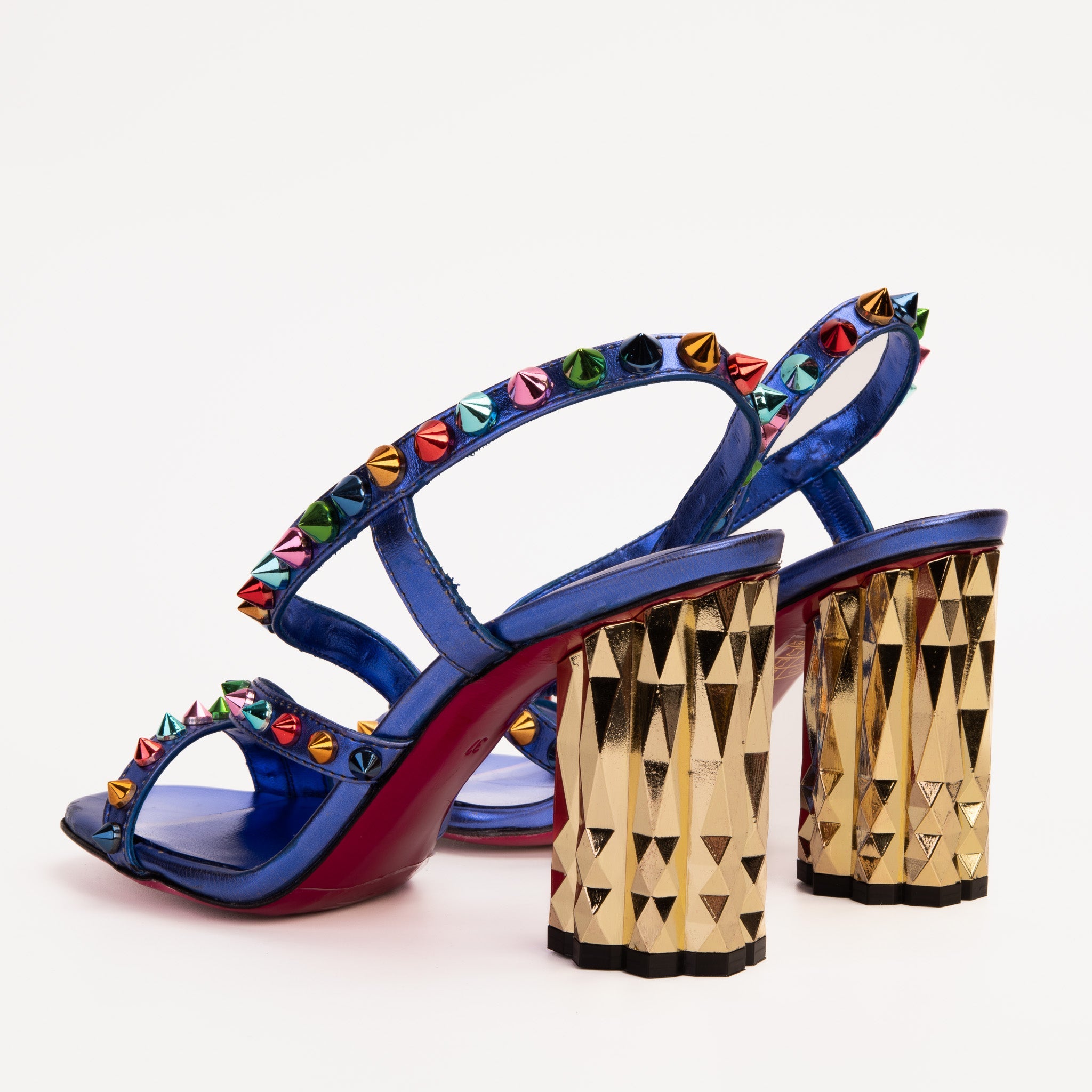 The Caris Sax Blue Block Heel Spike Leather Sandal Final Sale! On Sale
