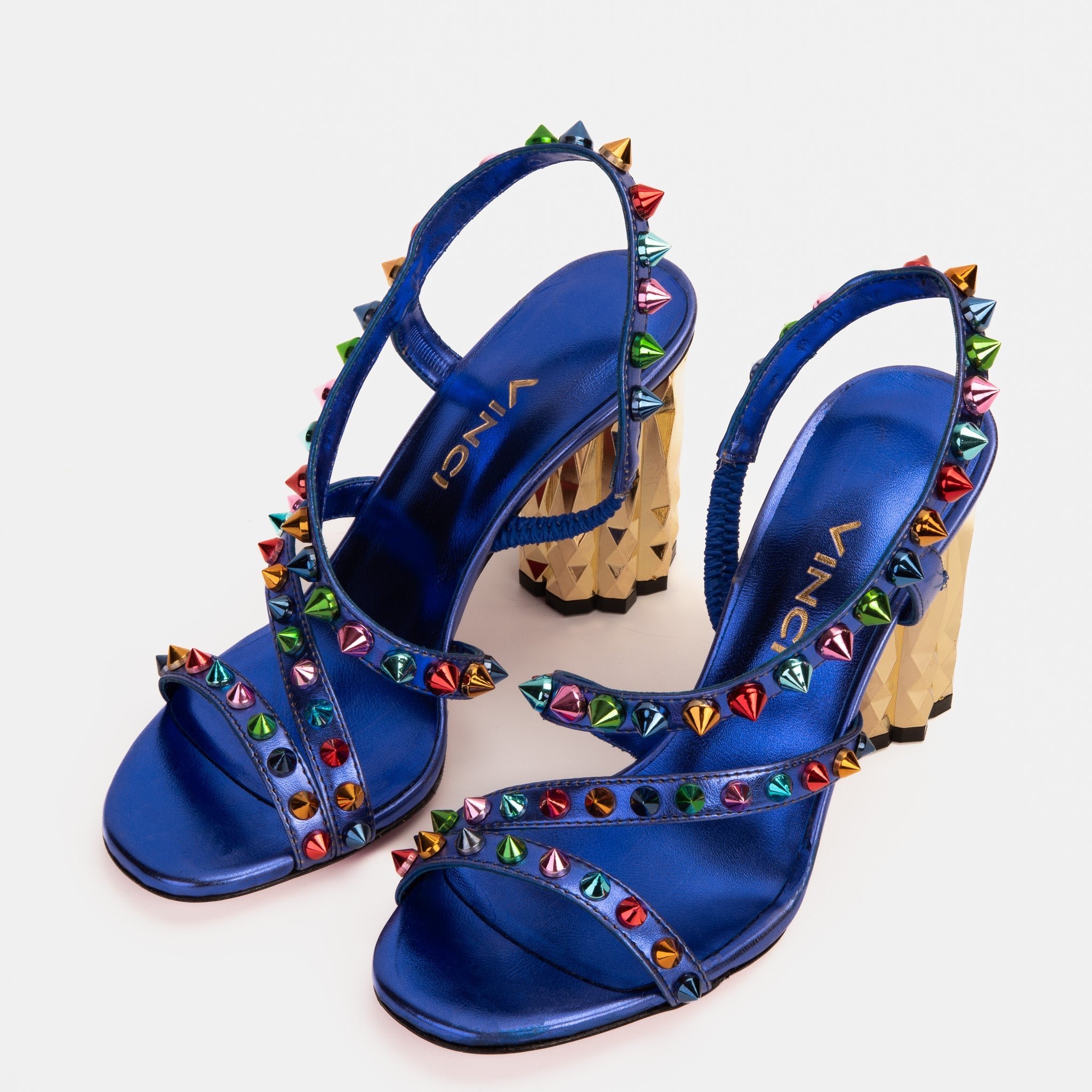 The Caris Sax Blue Block Heel Spike Leather Sandal Final Sale! On Sale
