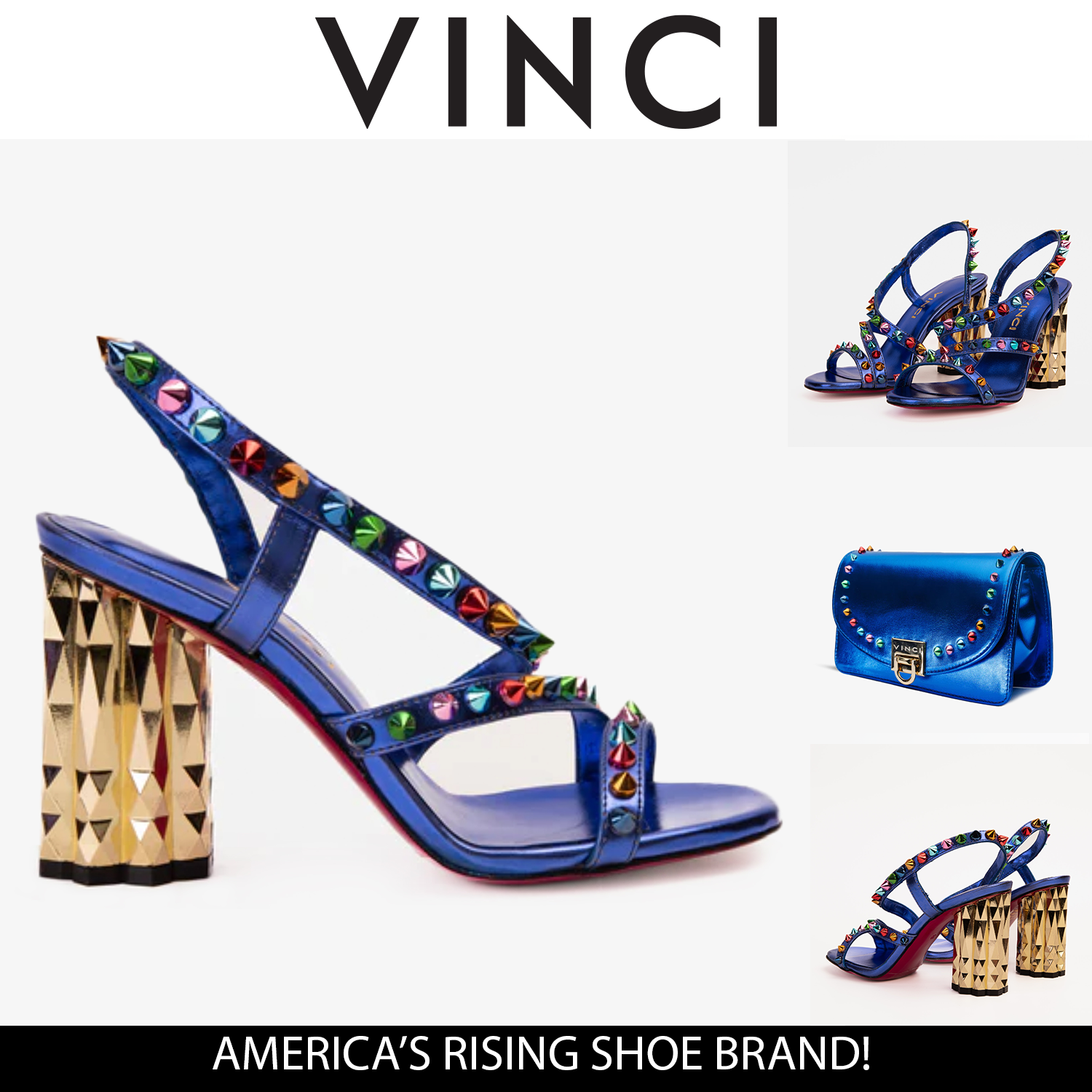 The Caris Sax Blue Block Heel Spike Leather Sandal Final Sale! On Sale