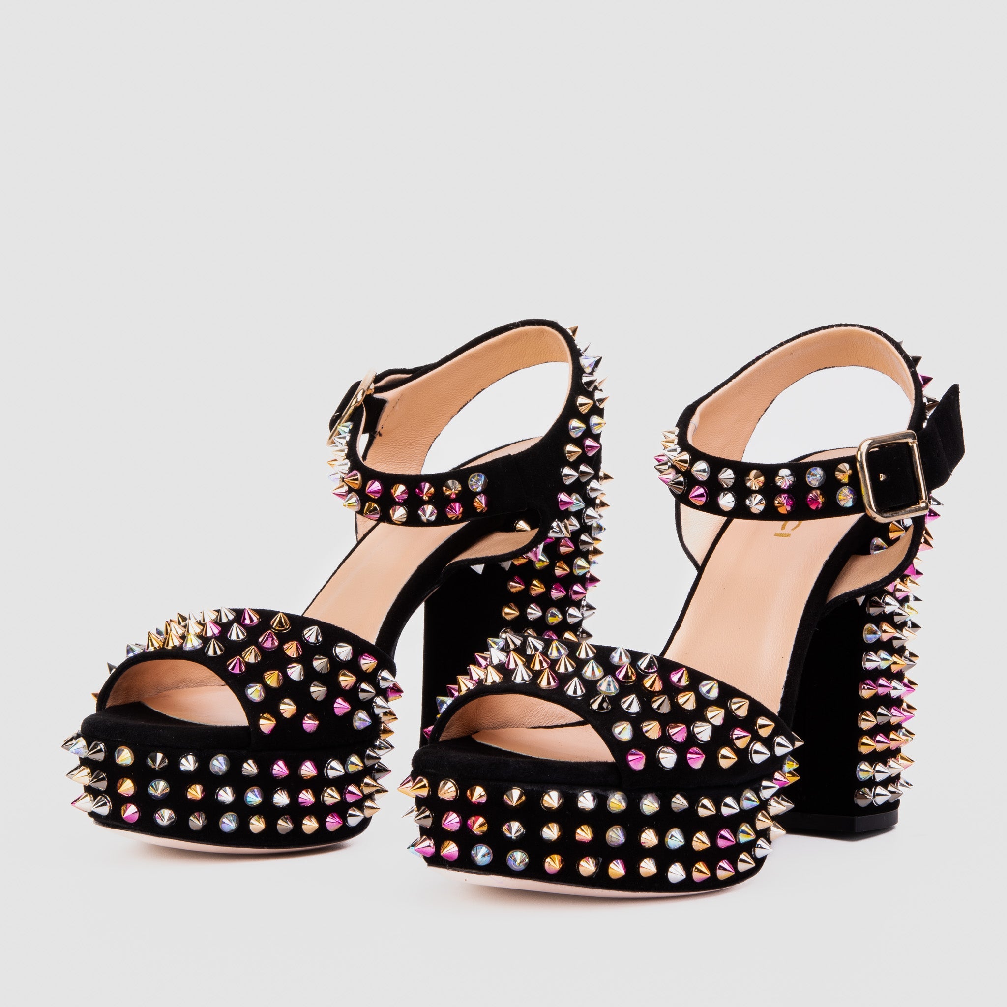 The Tampico Black Suede Leather Spike Platform Heel Sandal Universal Fit