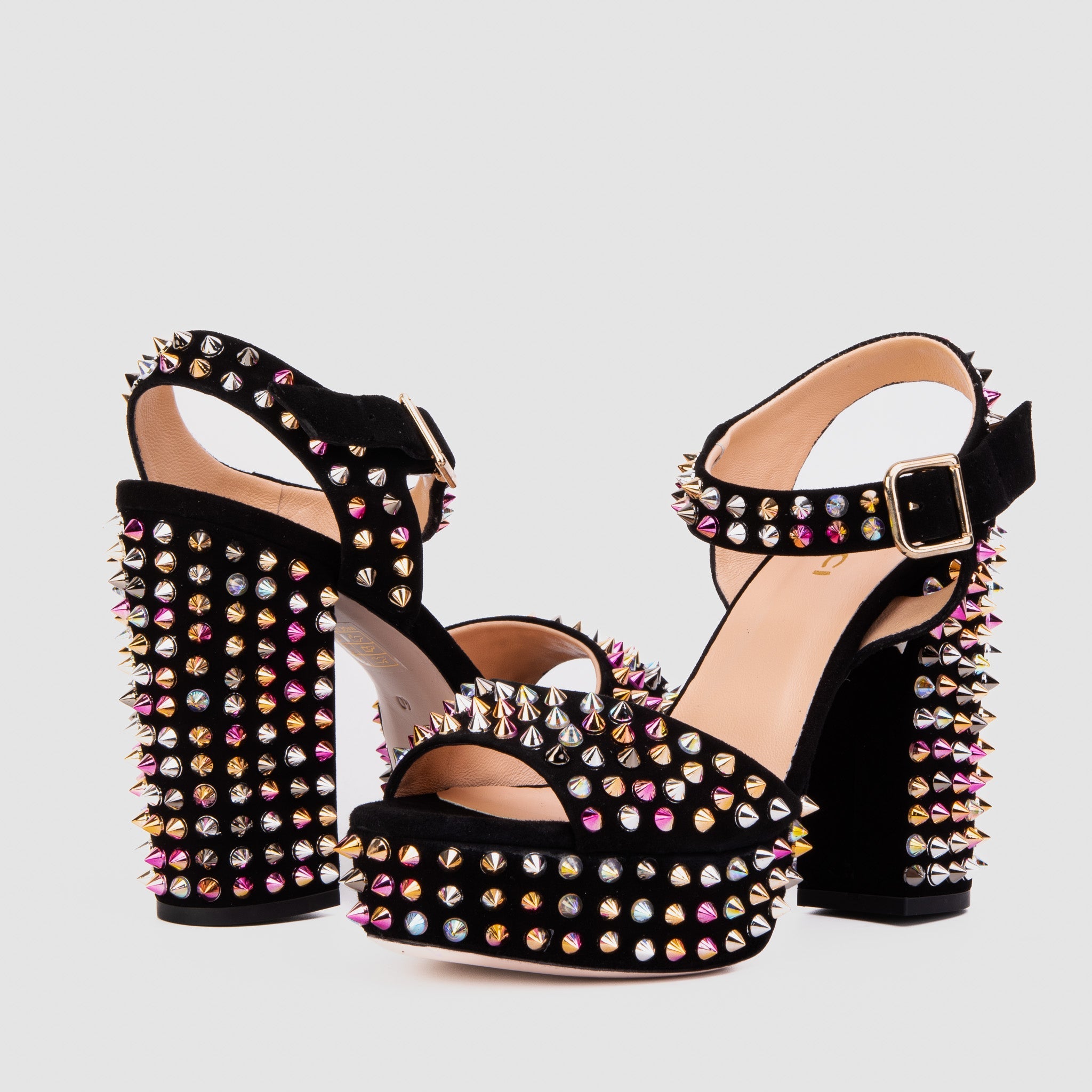 The Tampico Black Suede Leather Spike Platform Heel Sandal Universal Fit