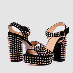 The Tampico Black Suede Leather Spike Platform Heel Sandal Universal Fit