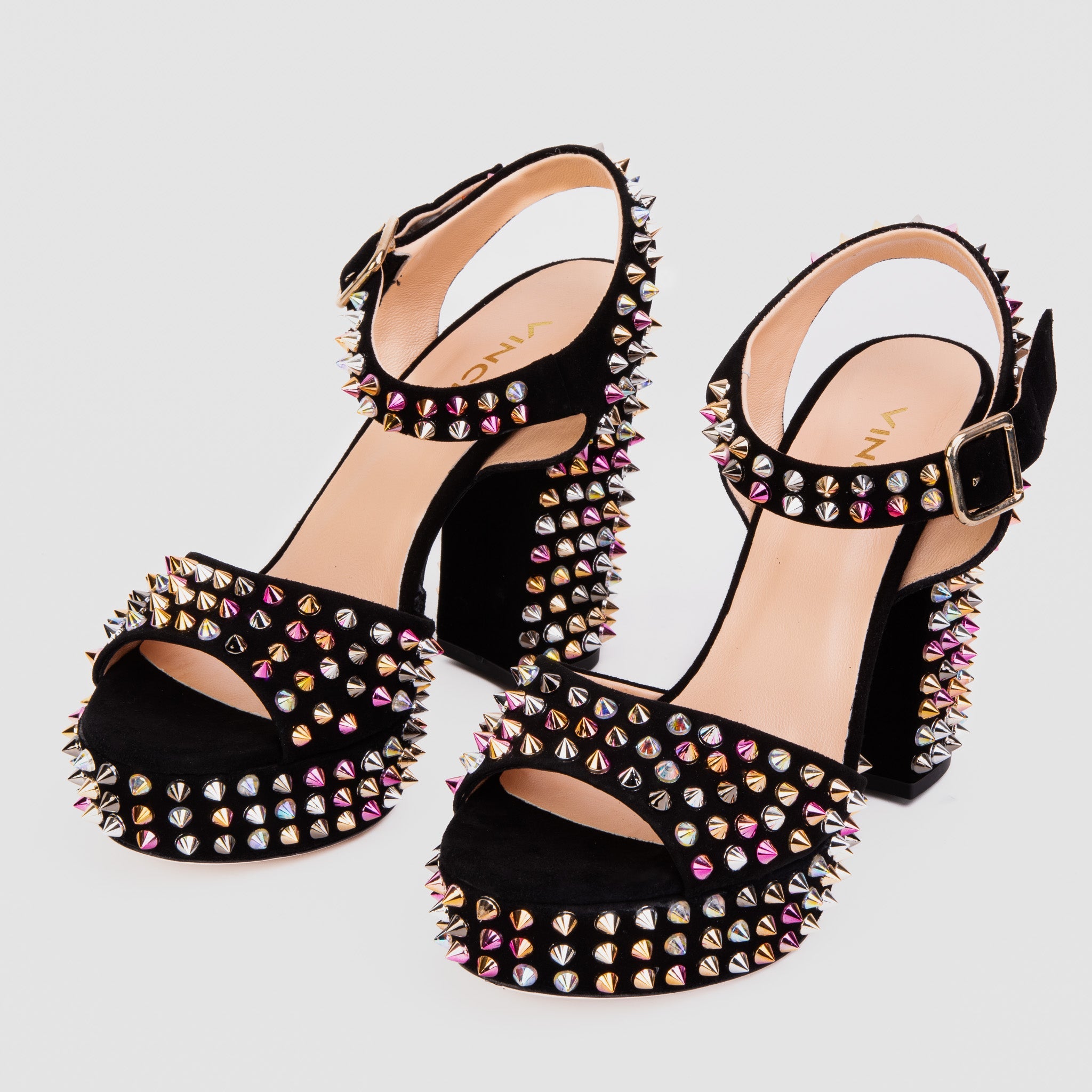 The Tampico Black Suede Leather Spike Platform Heel Sandal Universal Fit