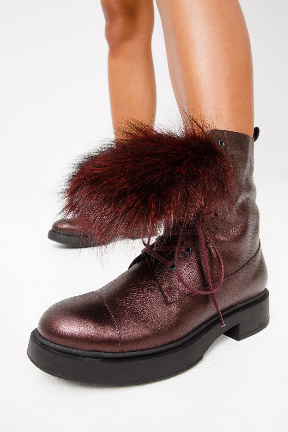 The Kajapati Burgundy Leather Natural Fur Mid Calf Boot On Sale