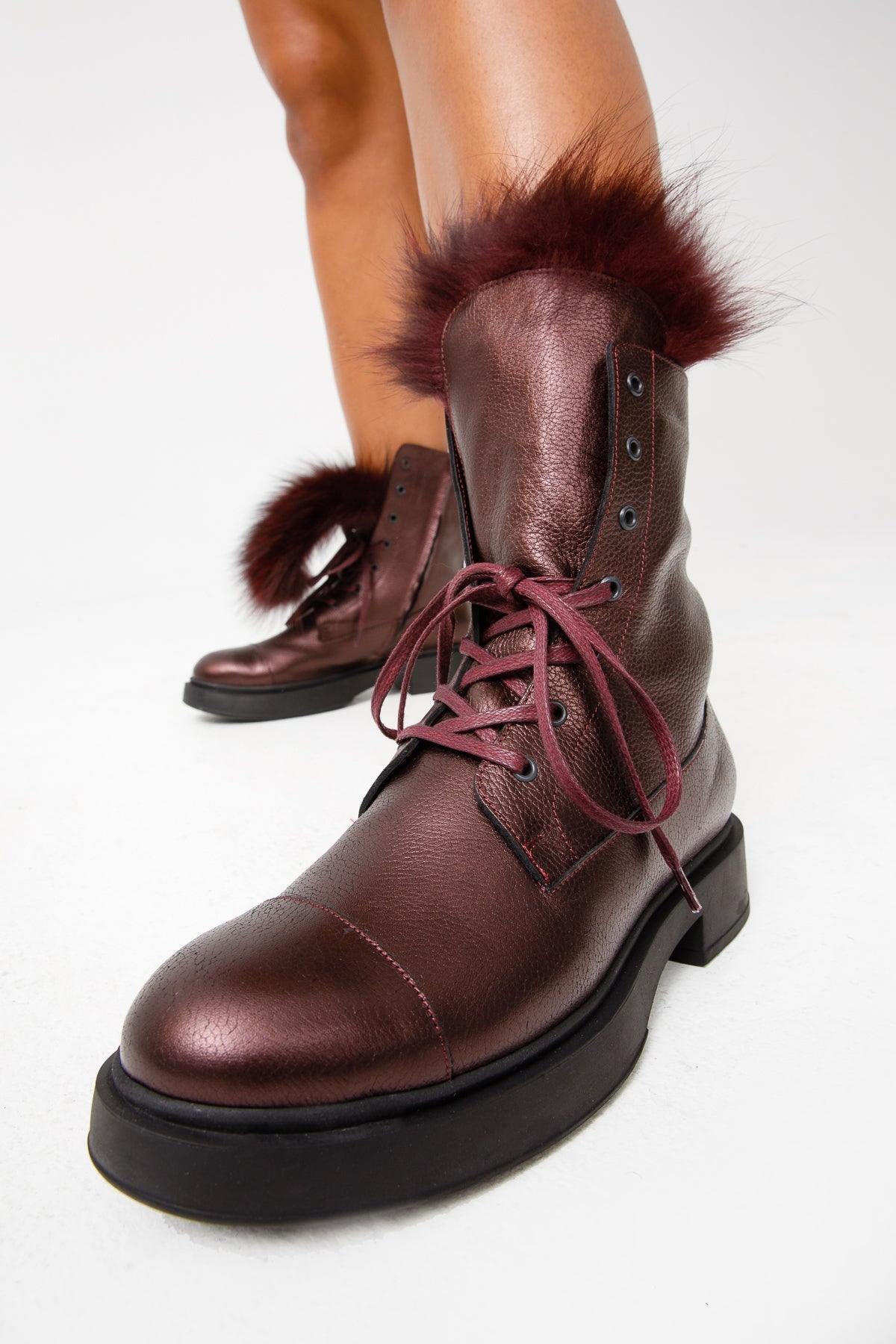 The Kajapati Burgundy Leather Natural Fur Mid Calf Boot On Sale