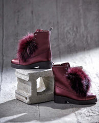 The Kajapati Burgundy Leather Natural Fur Mid Calf Boot On Sale