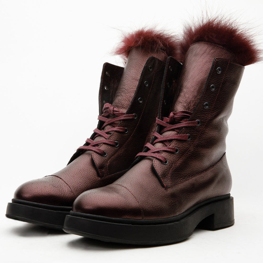 The Kajapati Burgundy Leather Natural Fur Mid Calf Boot On Sale