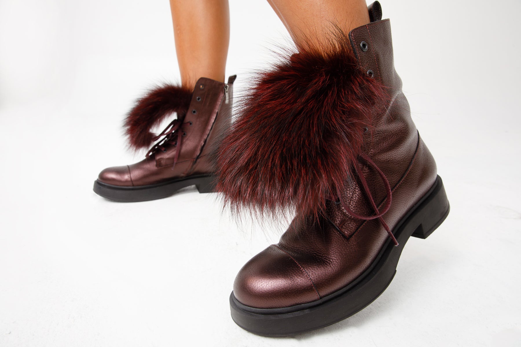 The Kajapati Burgundy Leather Natural Fur Mid Calf Boot On Sale