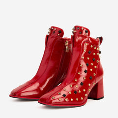 The Infanta Red Leather Block Heel Boot For Sale