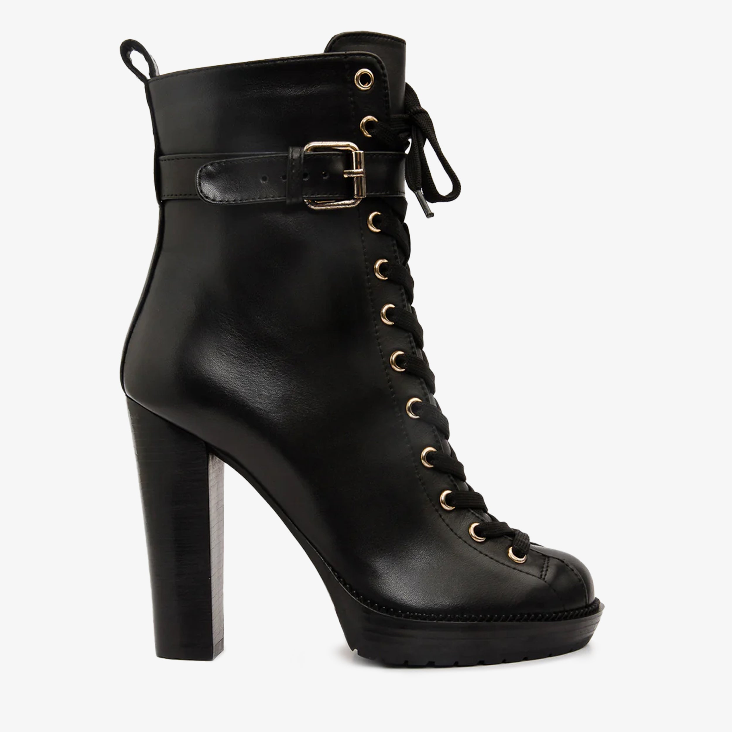 The Estrada Black Leather Lace-Up Platform Heel Mid Calf Boot Fine Craftsmanship
