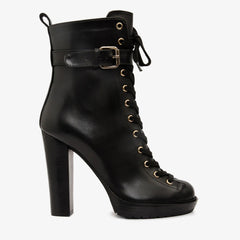 The Estrada Black Leather Lace-Up Platform Heel Mid Calf Boot Fine Craftsmanship
