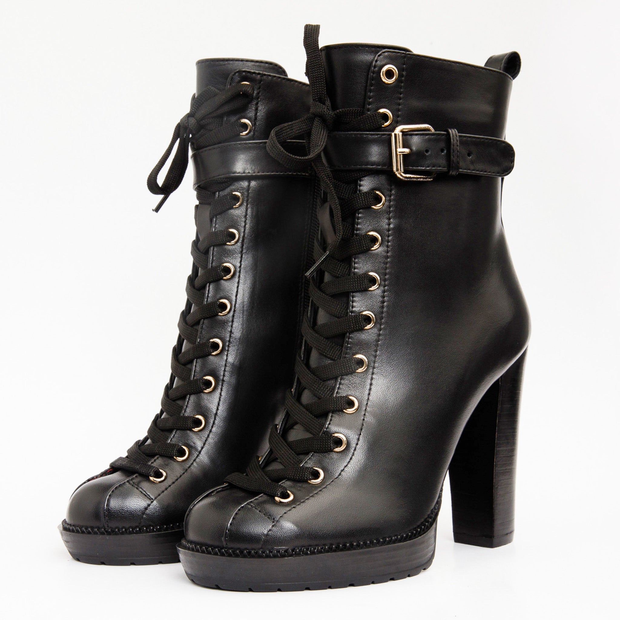 The Estrada Black Leather Lace-Up Platform Heel Mid Calf Boot Fine Craftsmanship