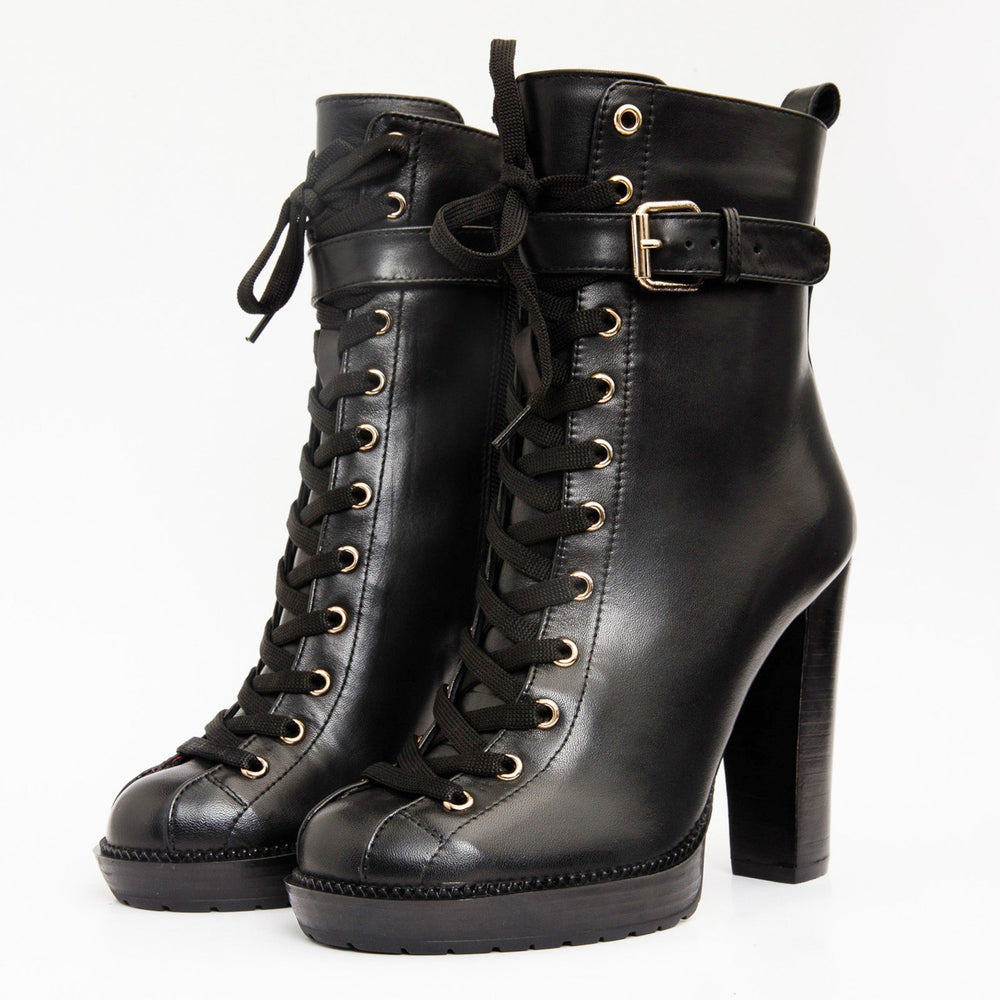 The Estrada Black Leather Lace-Up Platform Heel Mid Calf Boot Fine Craftsmanship