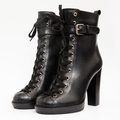 The Estrada Black Leather Lace-Up Platform Heel Mid Calf Boot Fine Craftsmanship