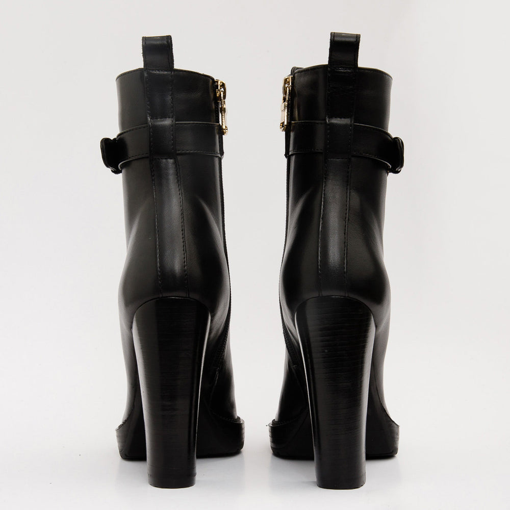 The Estrada Black Leather Lace-Up Platform Heel Mid Calf Boot Fine Craftsmanship