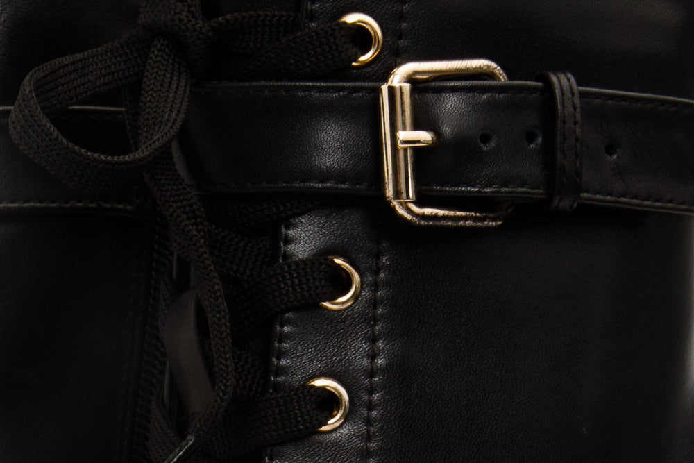 The Estrada Black Leather Lace-Up Platform Heel Mid Calf Boot Fine Craftsmanship