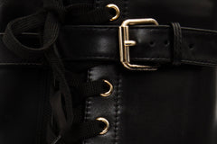 The Estrada Black Leather Lace-Up Platform Heel Mid Calf Boot Fine Craftsmanship