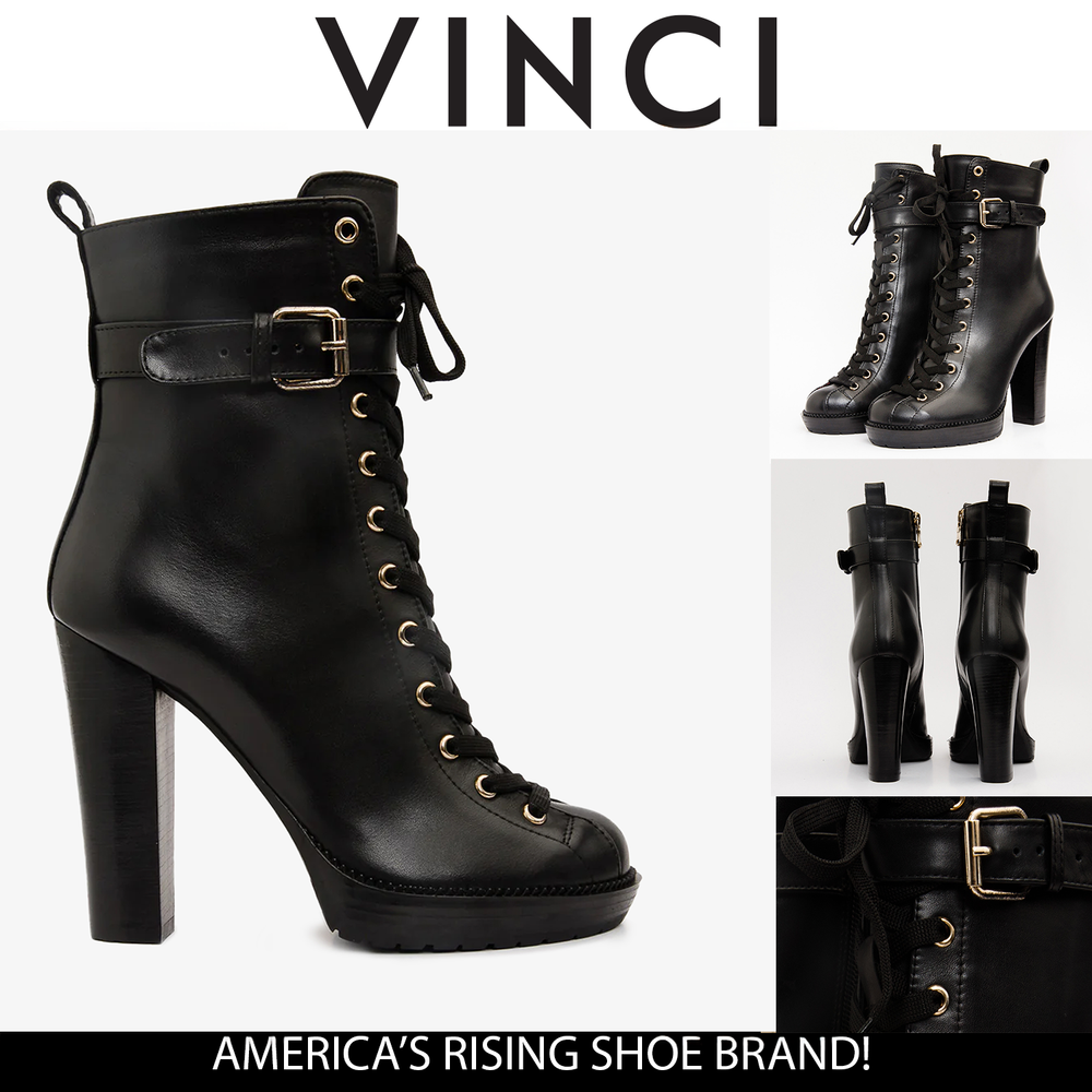 The Estrada Black Leather Lace-Up Platform Heel Mid Calf Boot Fine Craftsmanship