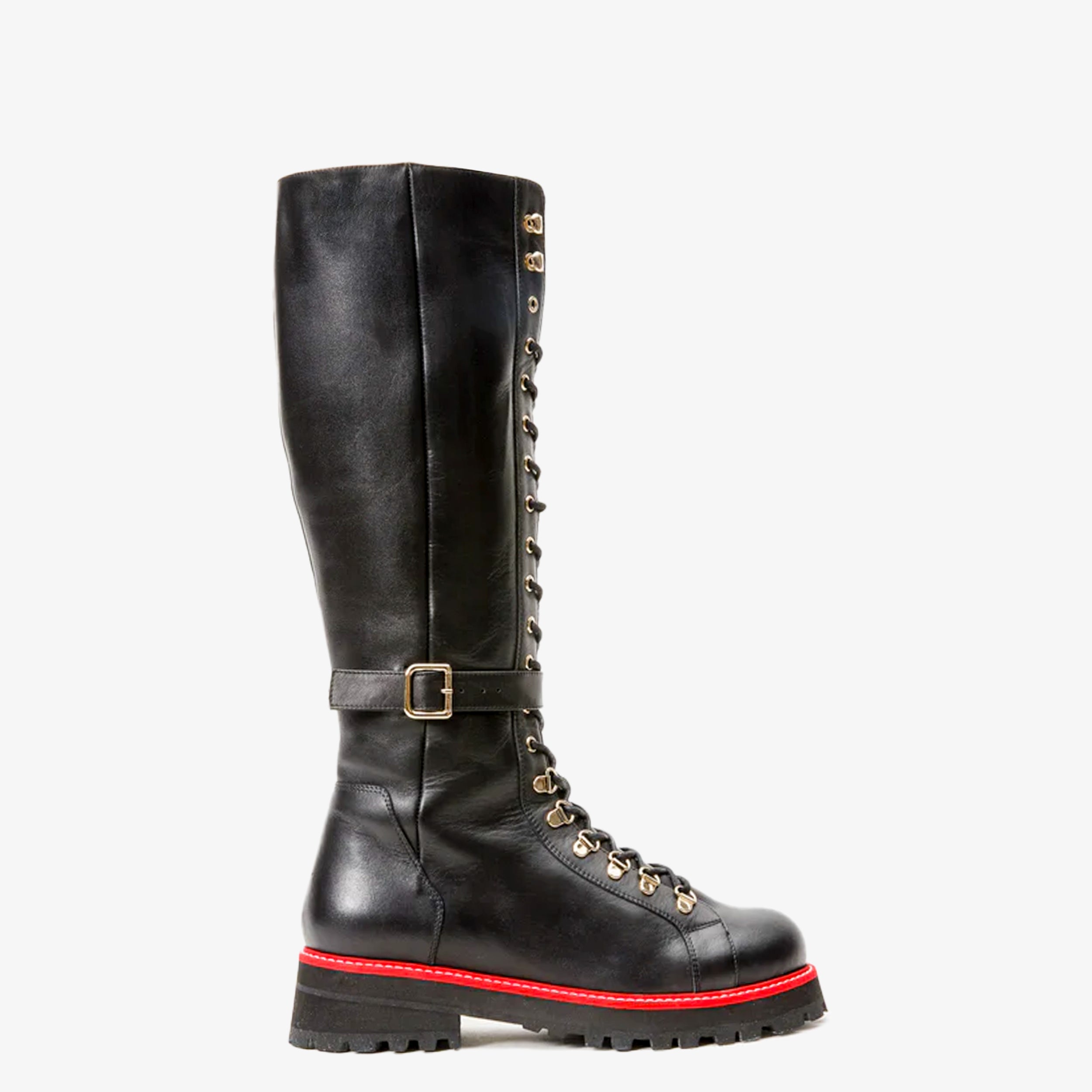 The Istinye Black Leather Knee High Lace-Up Boot Limited Edition On Sale