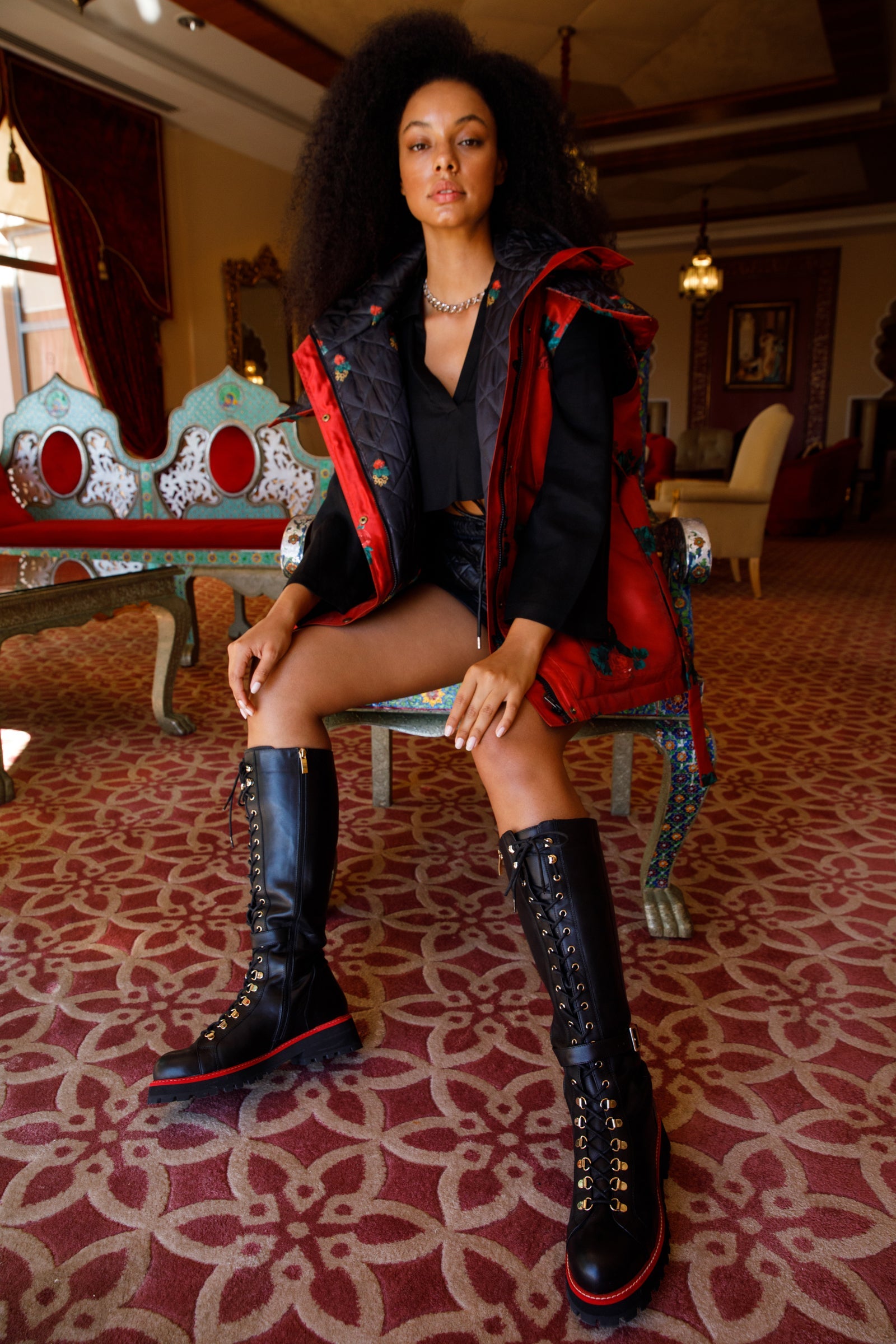 The Istinye Black Leather Knee High Lace-Up Boot Limited Edition On Sale