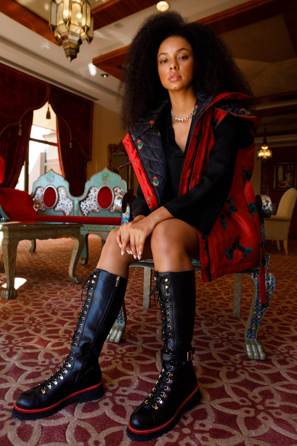 The Istinye Black Leather Knee High Lace-Up Boot Limited Edition On Sale