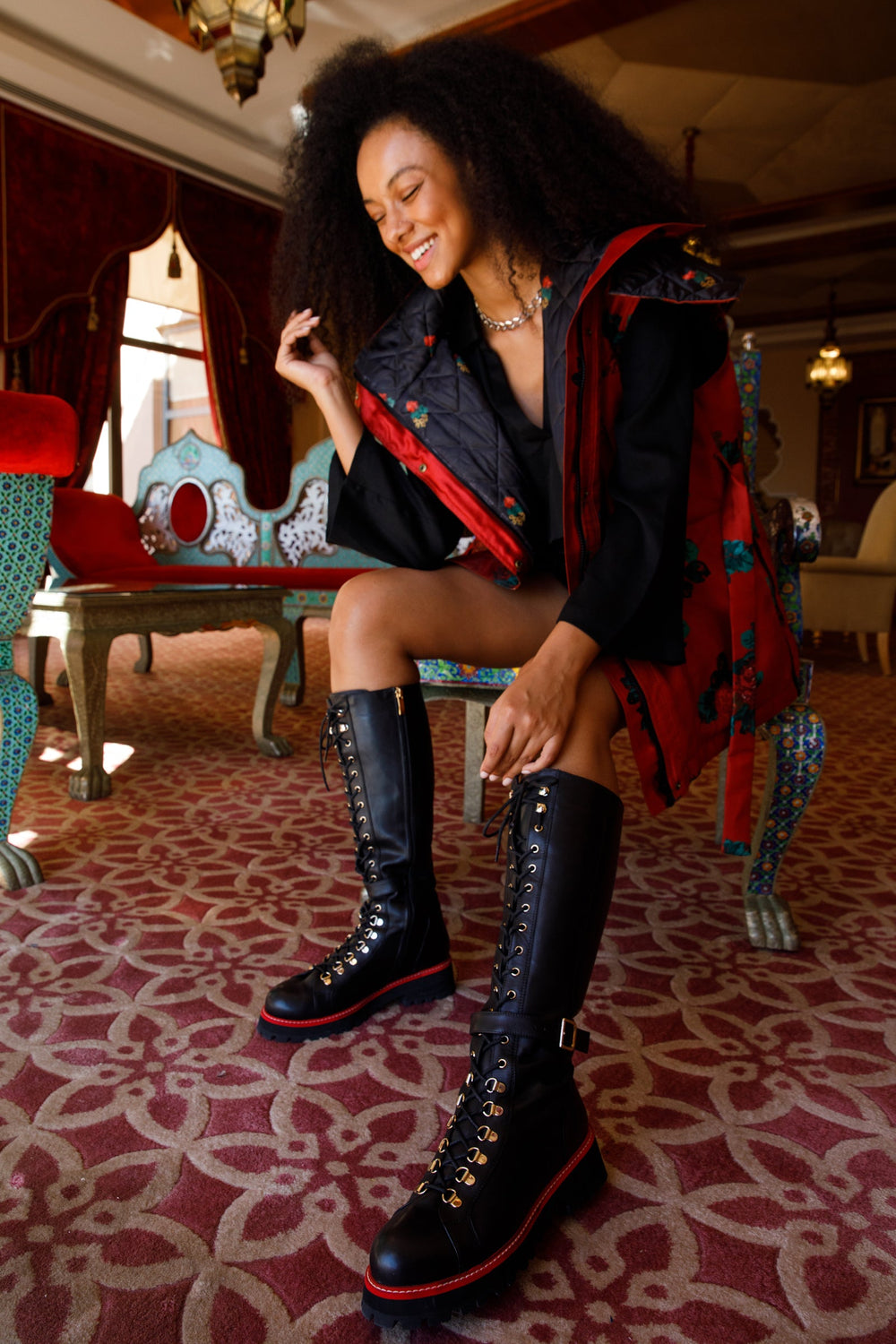 The Istinye Black Leather Knee High Lace-Up Boot Limited Edition On Sale