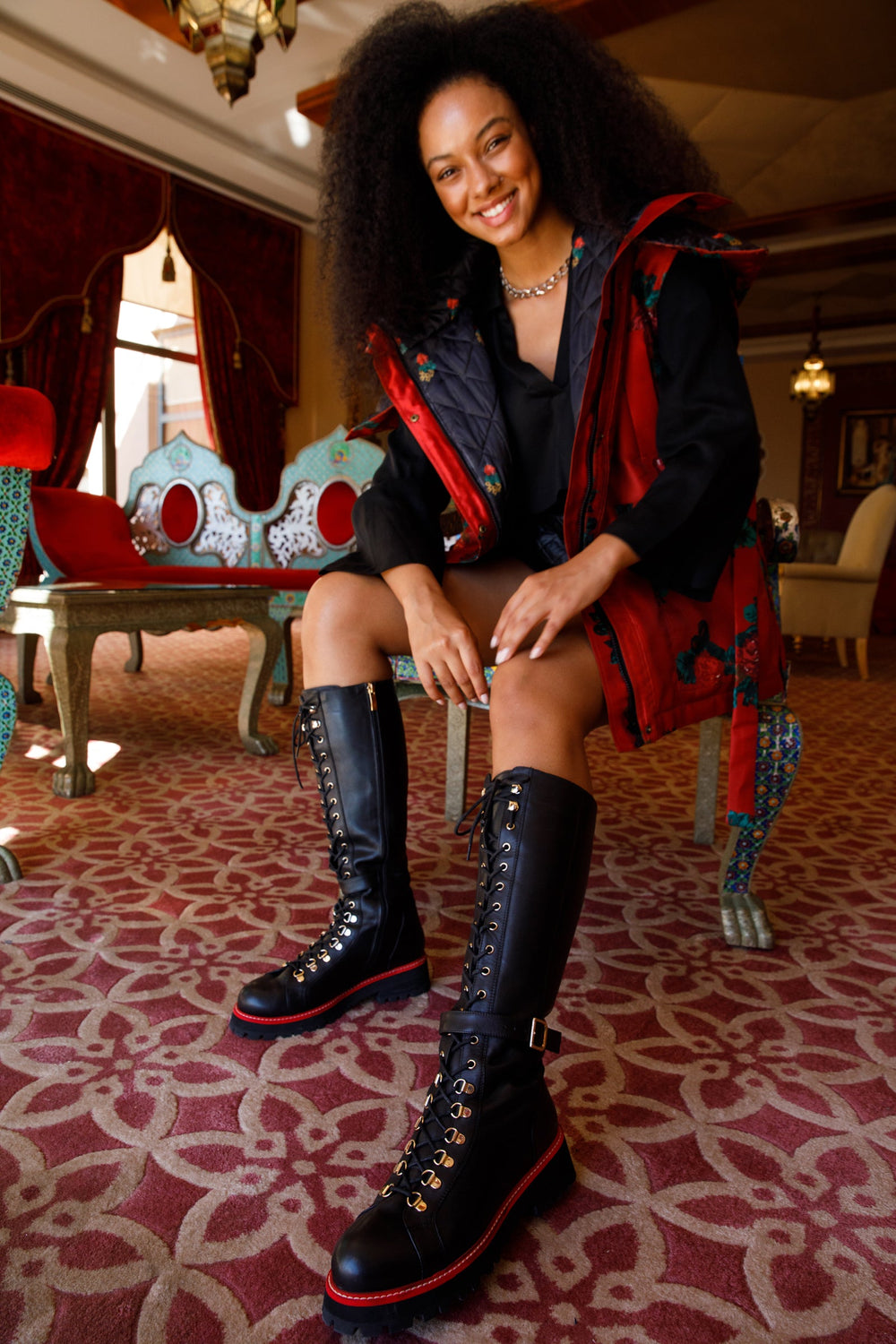 The Istinye Black Leather Knee High Lace-Up Boot Limited Edition On Sale