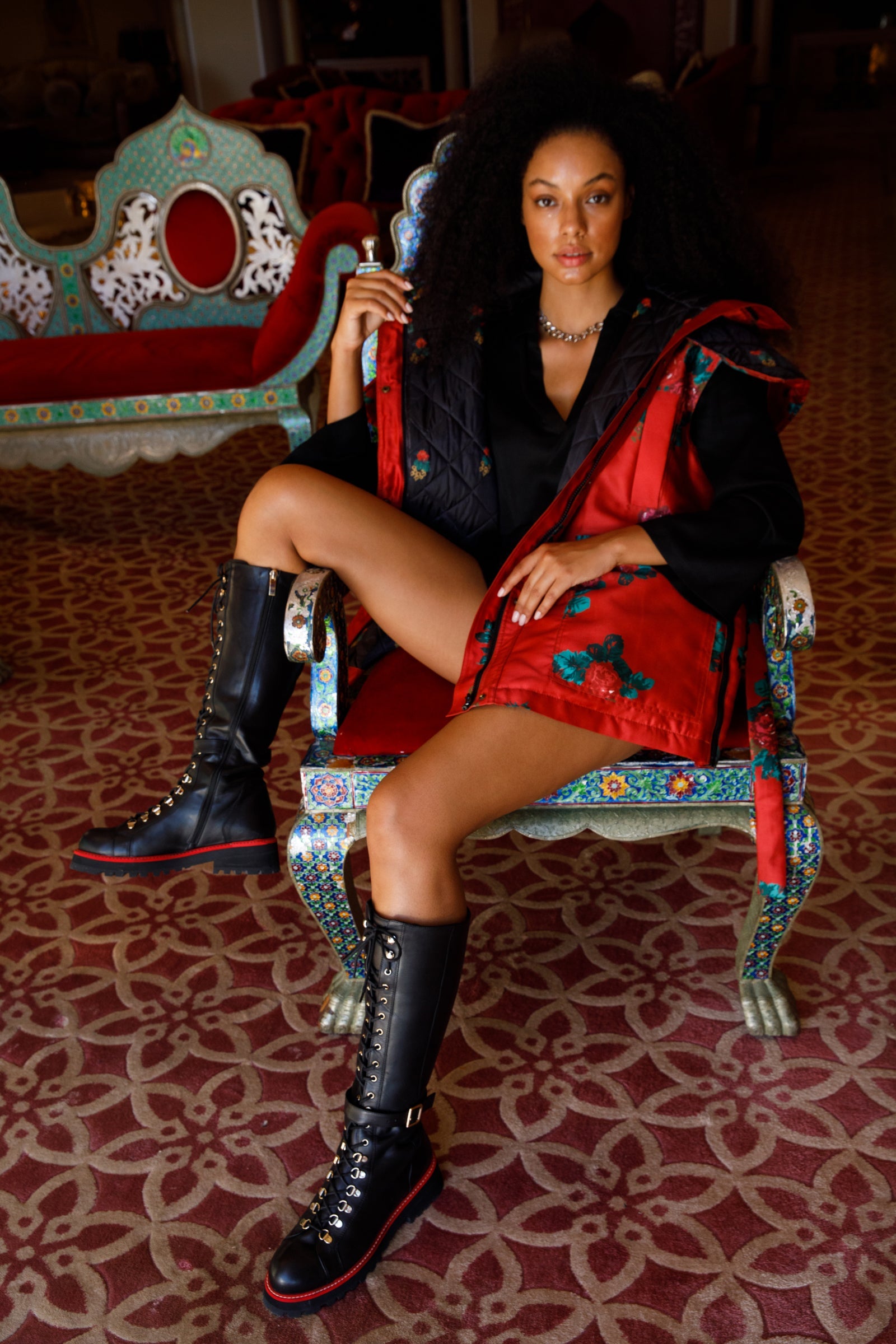 The Istinye Black Leather Knee High Lace-Up Boot Limited Edition On Sale