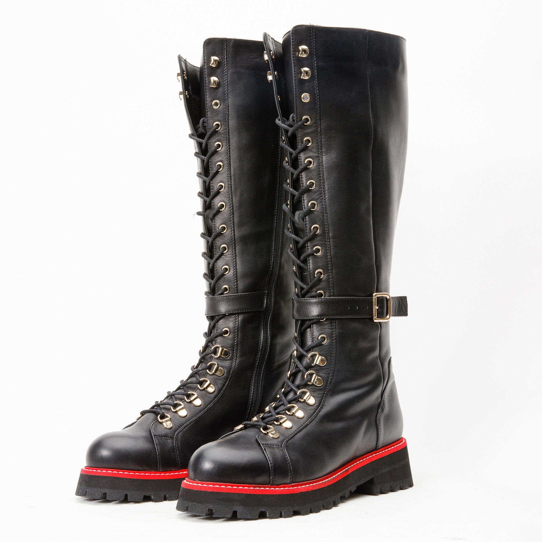 The Istinye Black Leather Knee High Lace-Up Boot Limited Edition On Sale