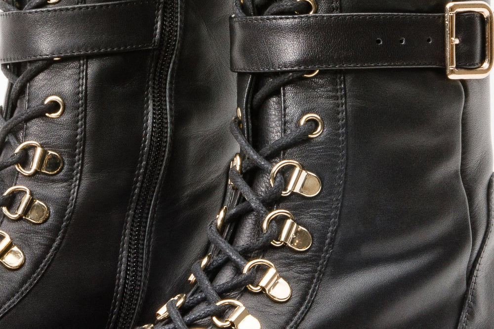 The Istinye Black Leather Knee High Lace-Up Boot Limited Edition On Sale